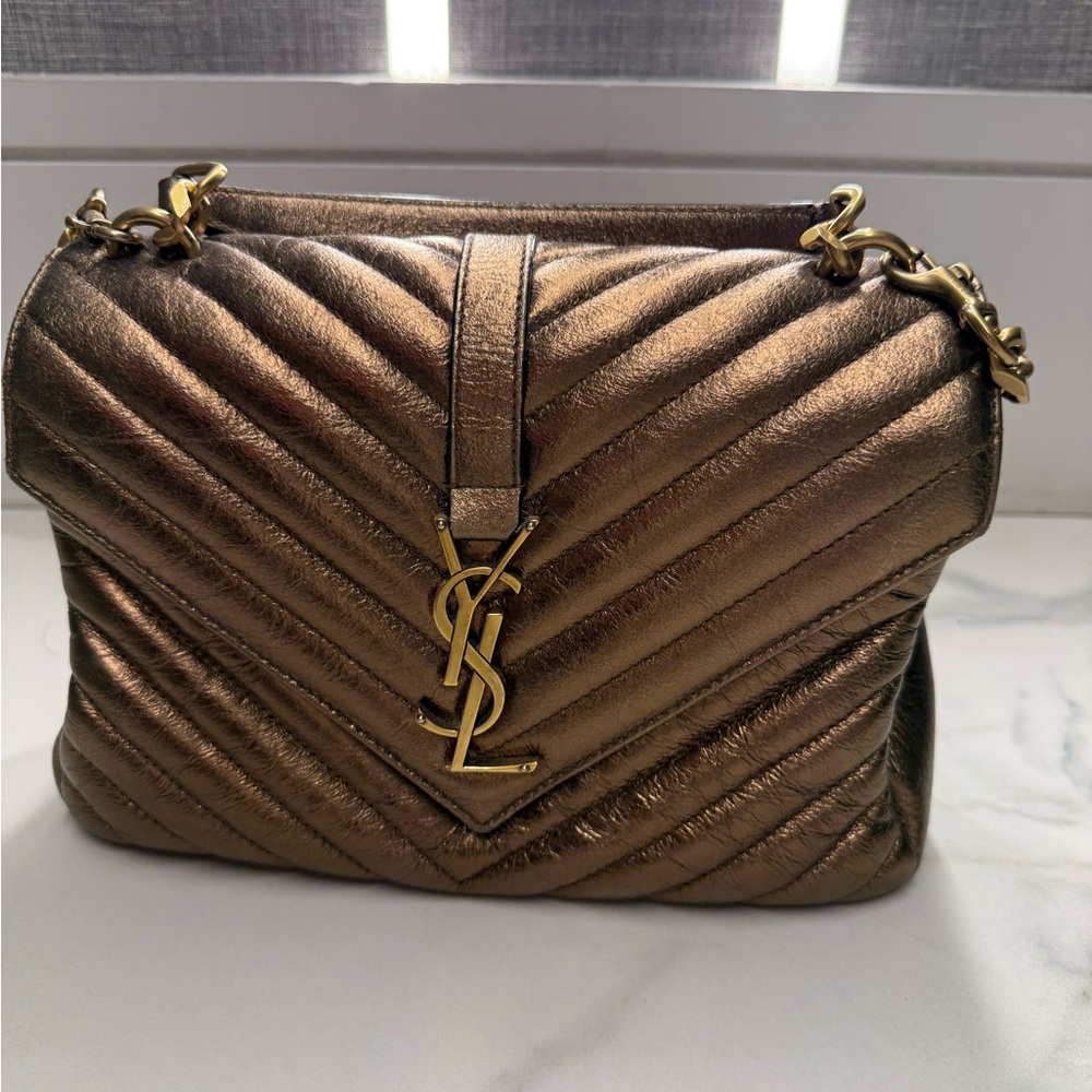 Yves Saint Laurent Metallic Bronze Chevron Shoulder Bag